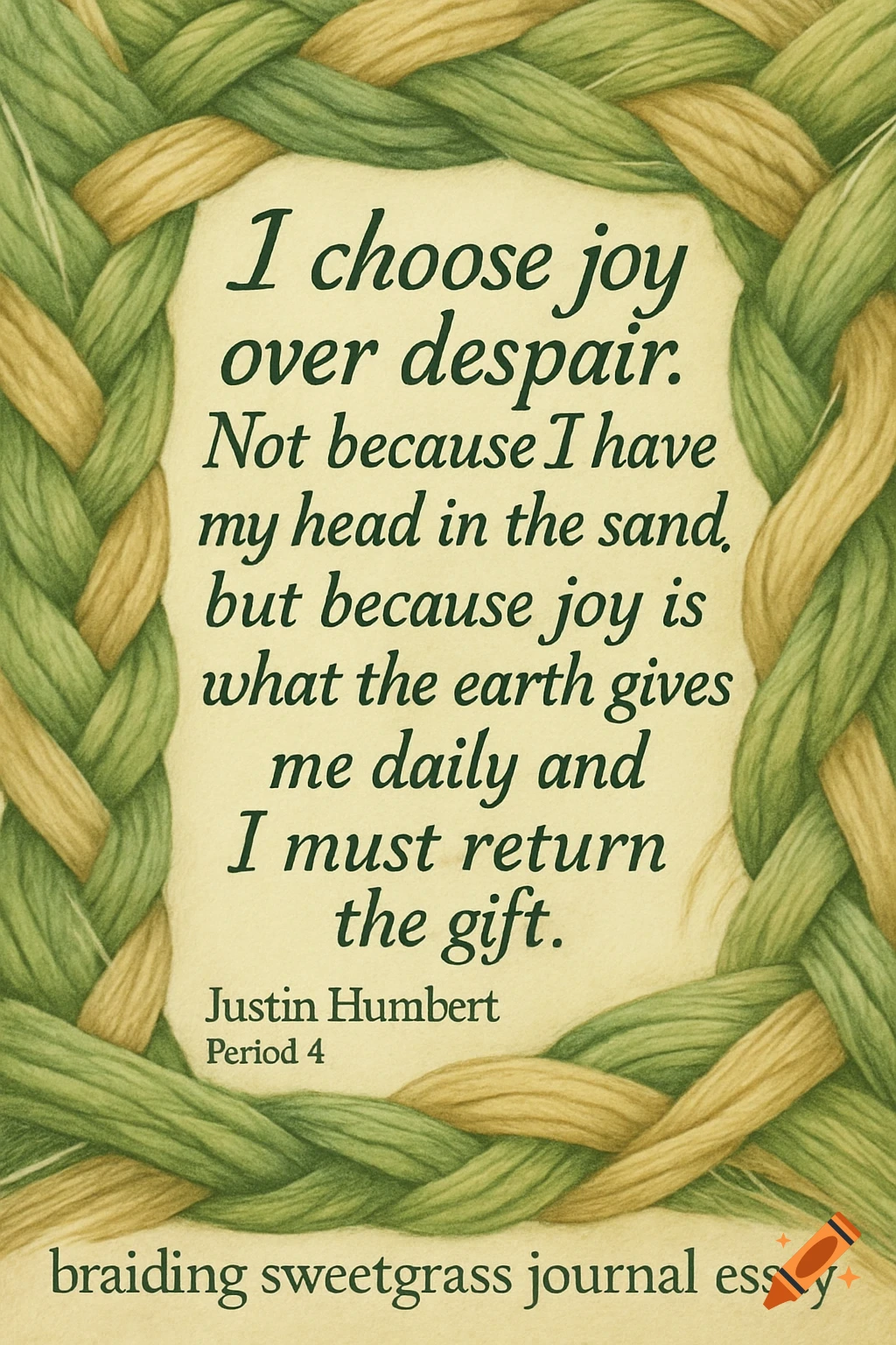 Inspirational quote on a light background framed by green and gold braided sweetgrass, with a name and essay title.