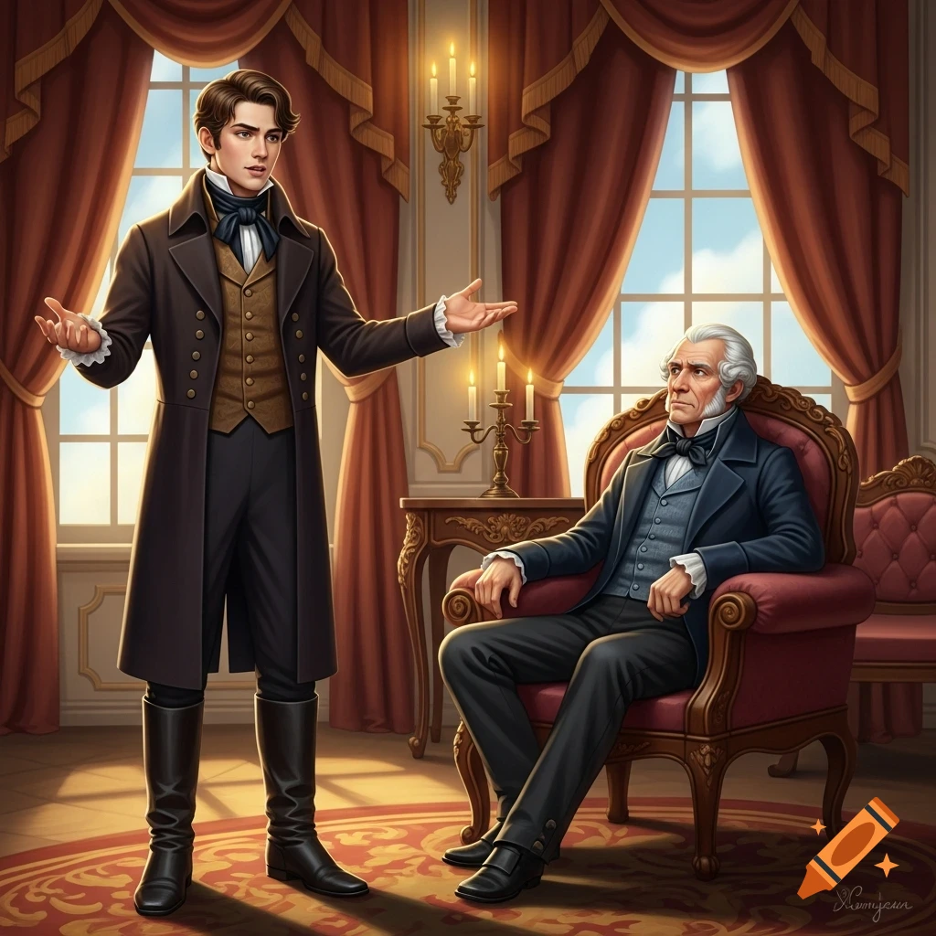 An illustration shows a young man in 19th-century attire speaking expressively to an older man seated in an ornate room.