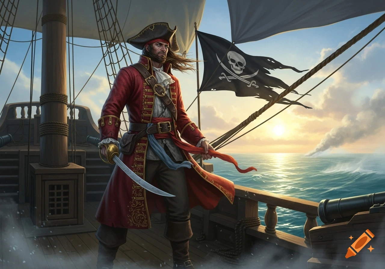 A stern pirate captain in a red coat stands on a ship deck at sunset, holding a cutlass, with a tattered skull and crossbones flag.