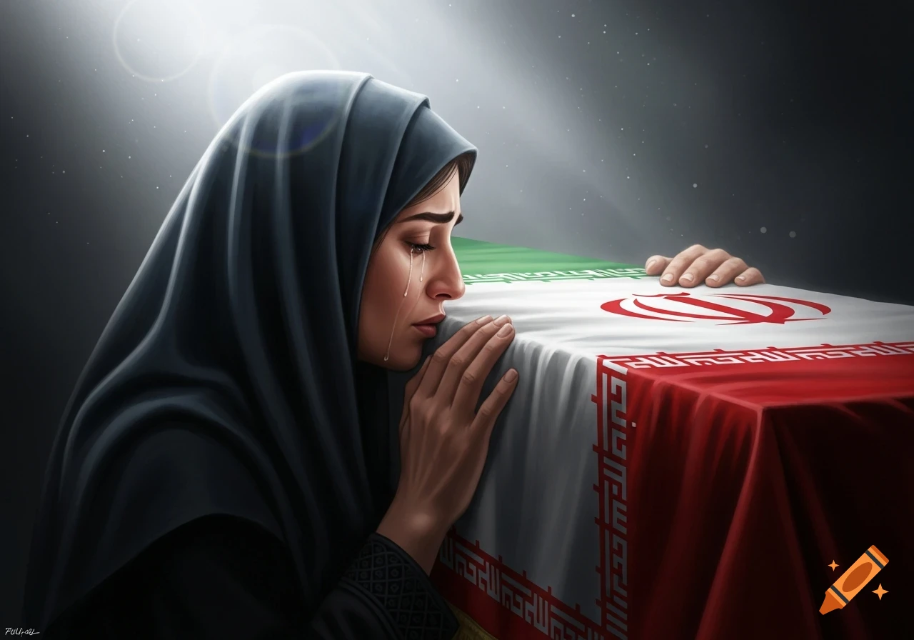 A grieving woman in a hijab cries, leaning on a coffin draped with the Iranian flag, illuminated by soft light in a dark setting.