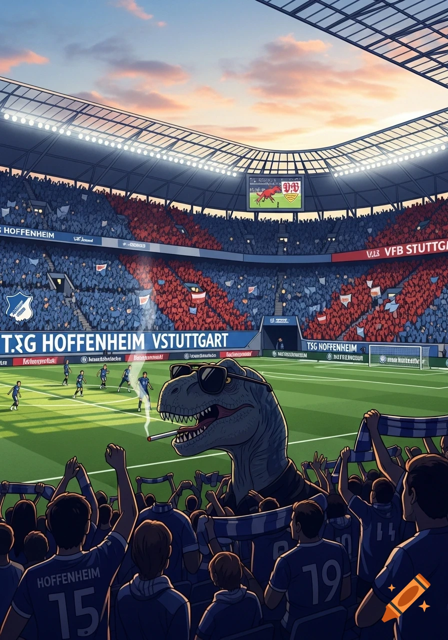 Cartoon illustration of a dinosaur wearing sunglasses and smoking a cigarette in a crowded soccer stadium at sunset.