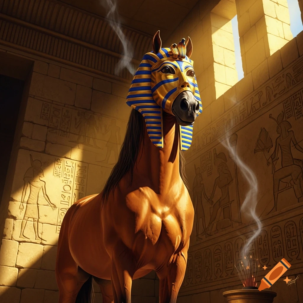 A brown horse wearing a gold and blue King Tut mask stands in an ancient Egyptian temple adorned with hieroglyphs.