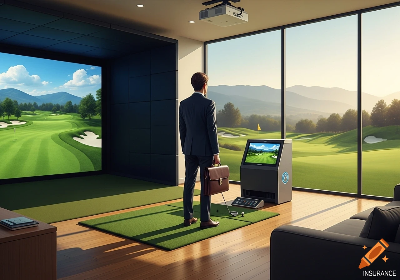 A businessman in a suit stands in a golf simulator room, holding a briefcase and looking out a large window at a golf course.