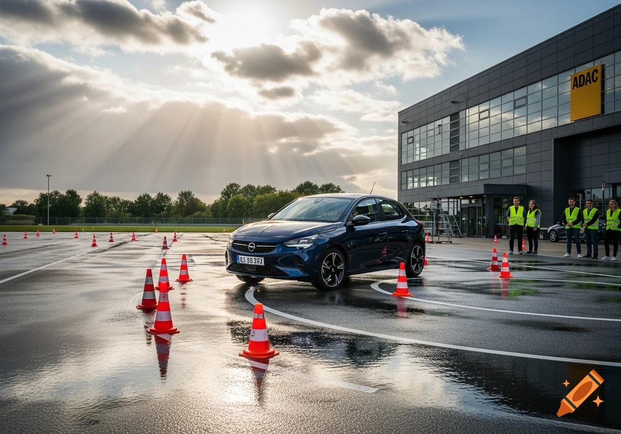 Dark blue Opel Corsa on a wet driving safety course with orange cones, in front of an ADAC building under a cloudy sky with sun rays.
