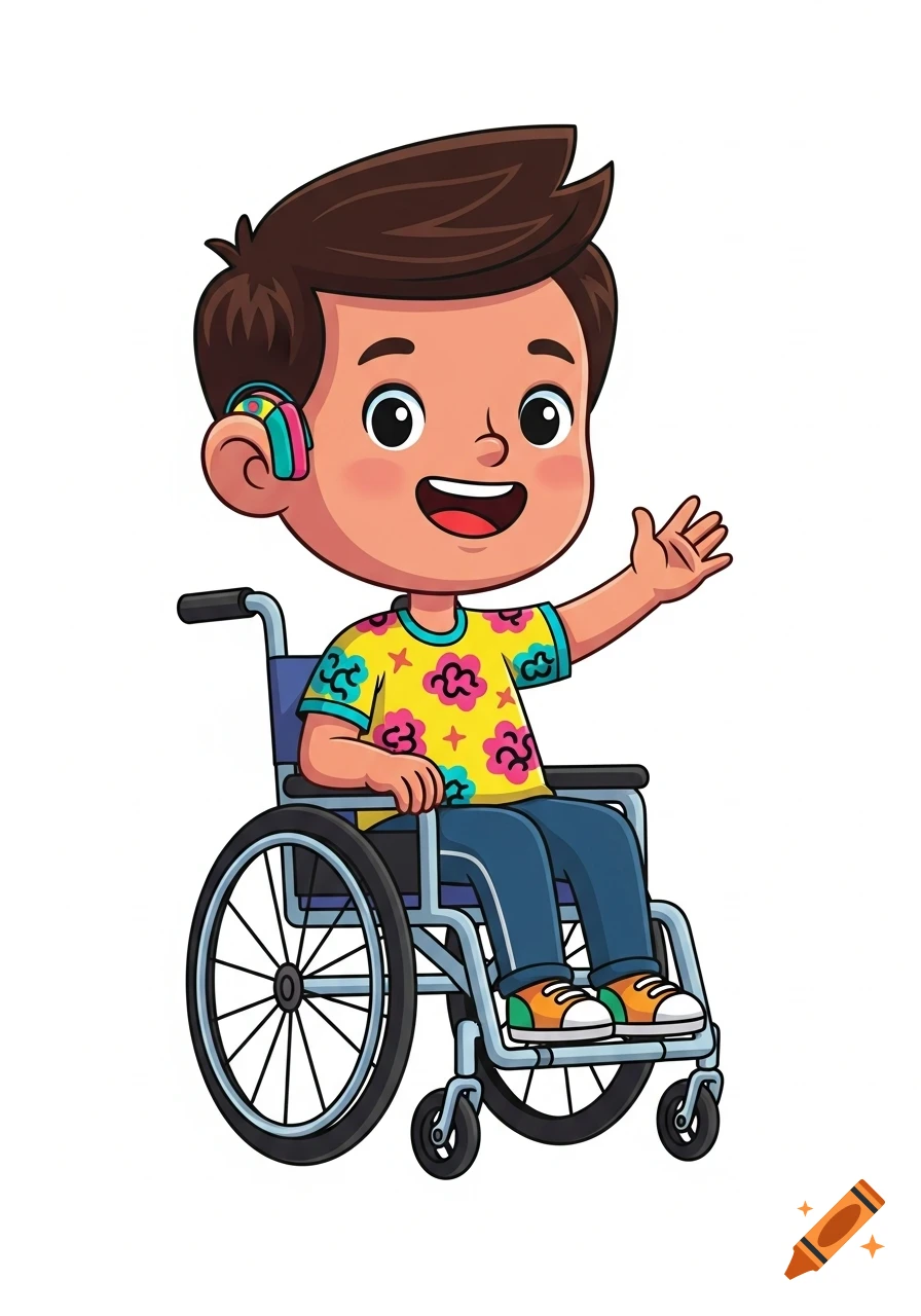 A smiling cartoon child in a wheelchair, wearing a colorful hearing aid, waves a hand.