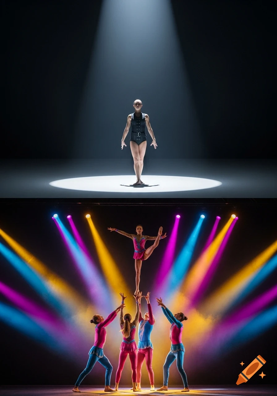 A split image: solo gymnast in black leotard under a spotlight; five gymnasts in colorful outfits perform an acrobatic lift under vibrant stage lights.