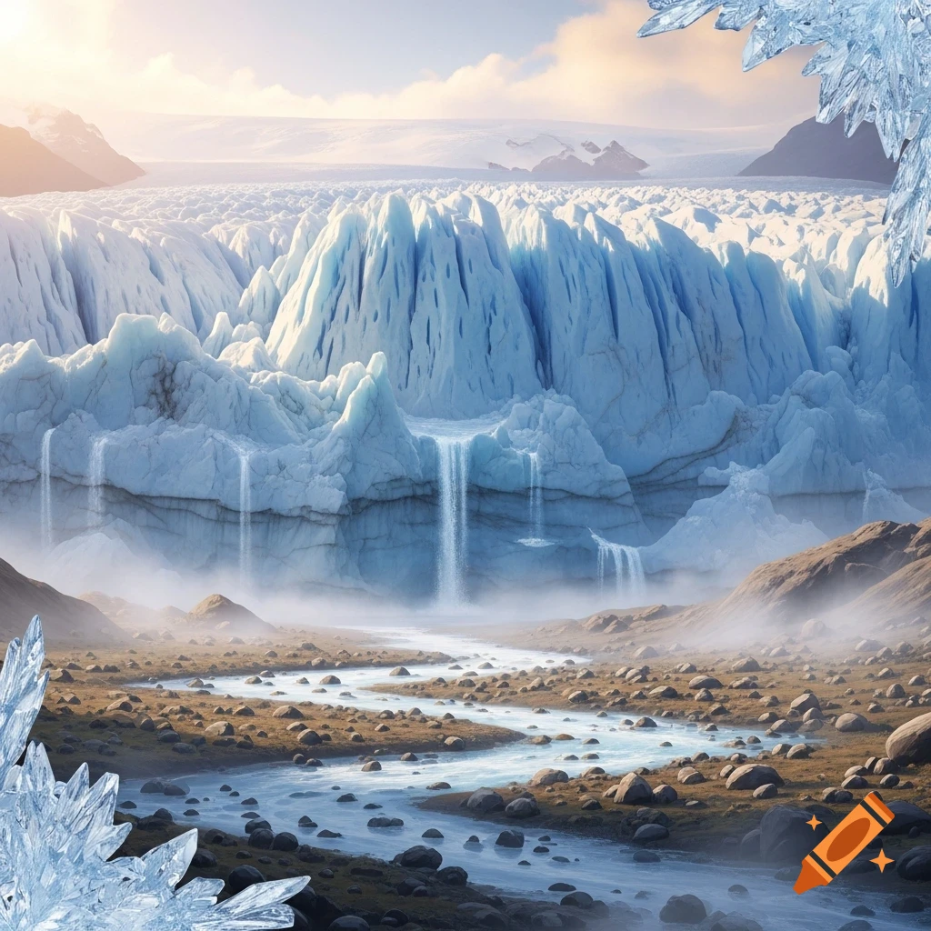 Panoramic view of a melting glacier with multiple waterfalls, a winding river, and ice crystals in a rocky, misty valley under a bright sky.