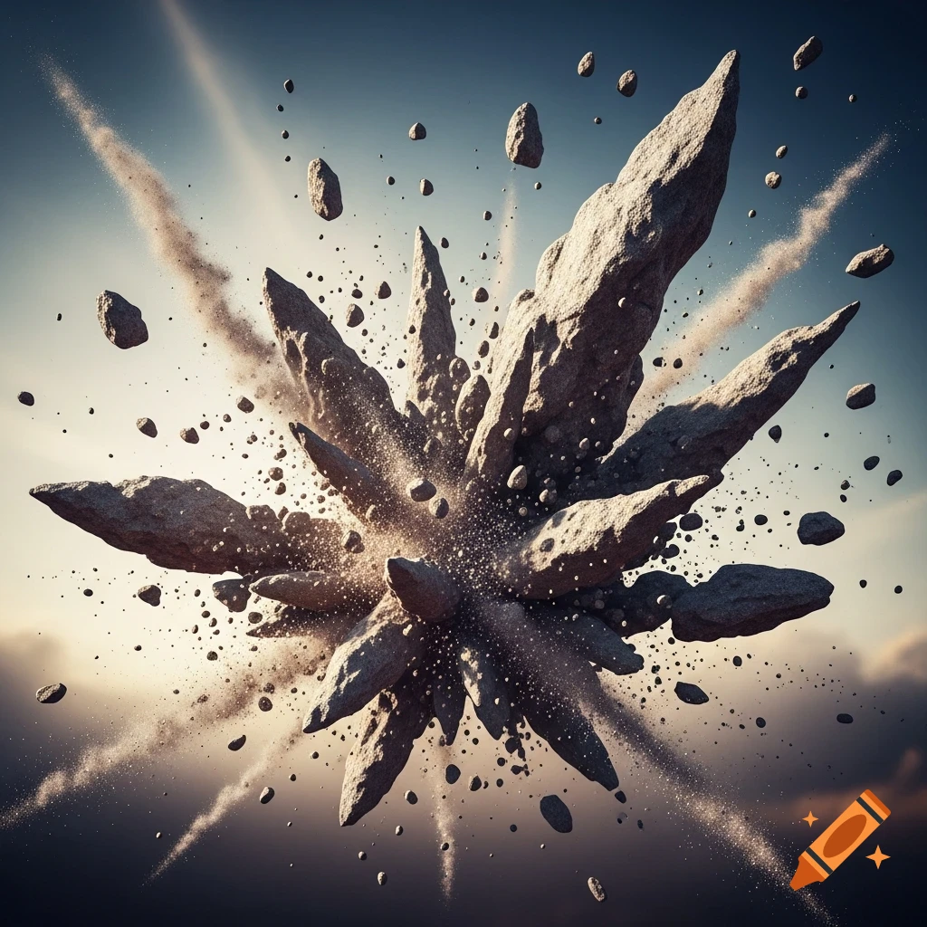 Dynamic graphic art of jagged rocks exploding outwards with dust trails against a gradient sky.