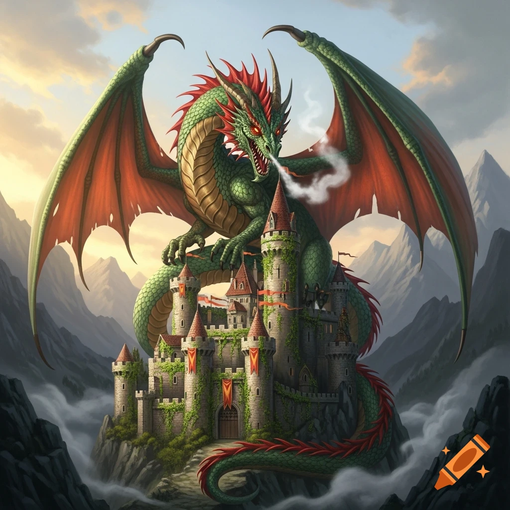 A majestic green and red dragon perches atop a stone castle nestled in misty mountains under a dramatic sky.