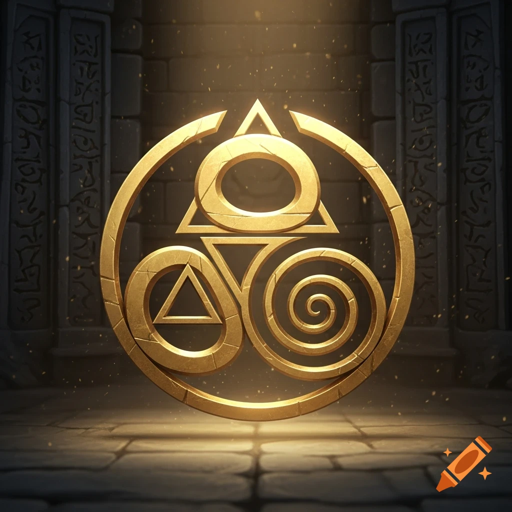 A glowing golden ancient symbol featuring interconnected geometric shapes and spirals, set in a mystical stone chamber.