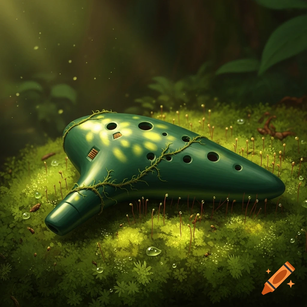 A vibrant green ocarina, covered in delicate vines, rests on a bed of glowing moss in a sunlit forest.