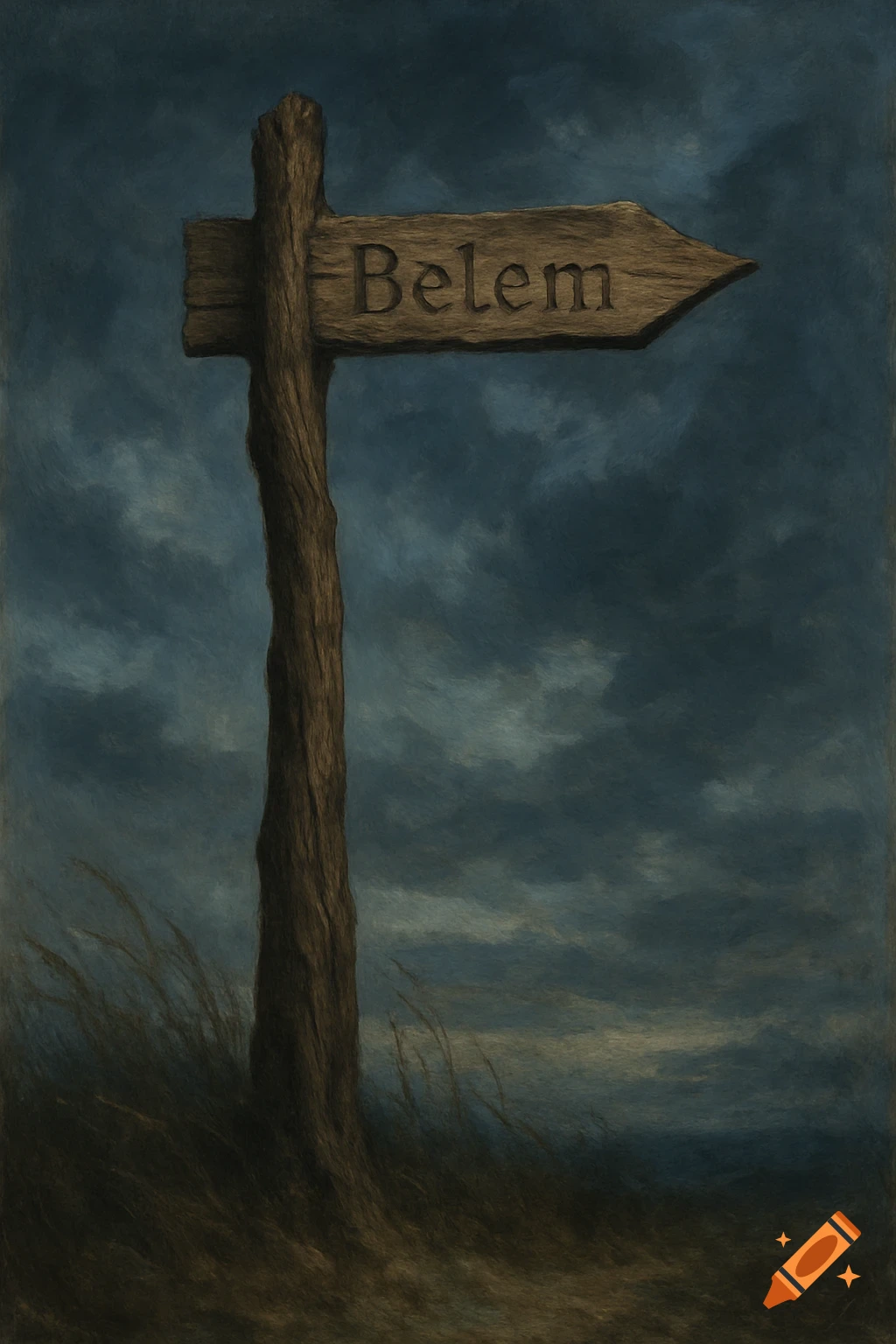 A weathered wooden signpost with 'Belem' carved into it points right, set against a dark, cloudy blue-grey sky in a painterly style.