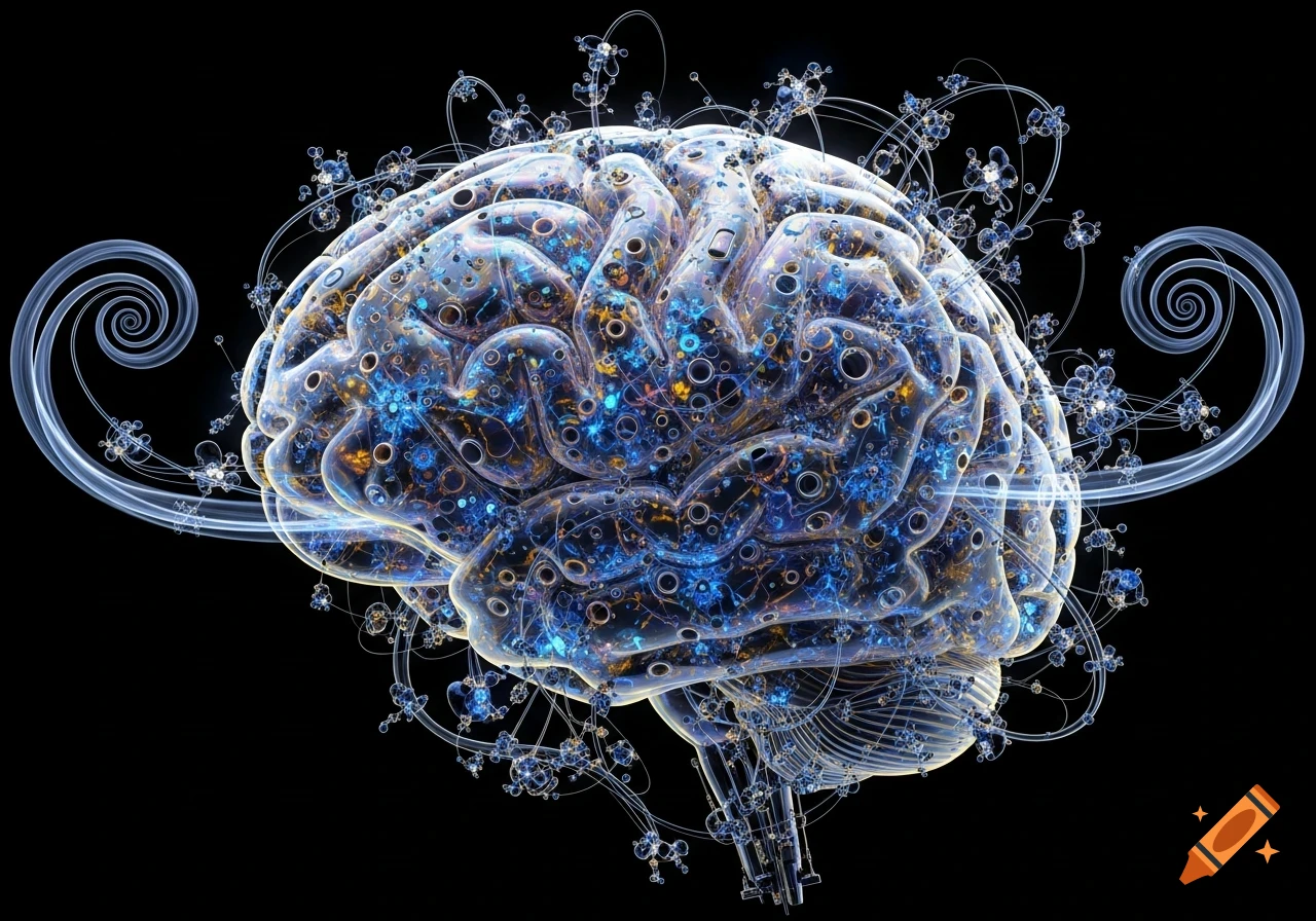 A glowing, transparent, high-tech human brain filled with blue and orange circuits, with tendrils and swirls against a black background.