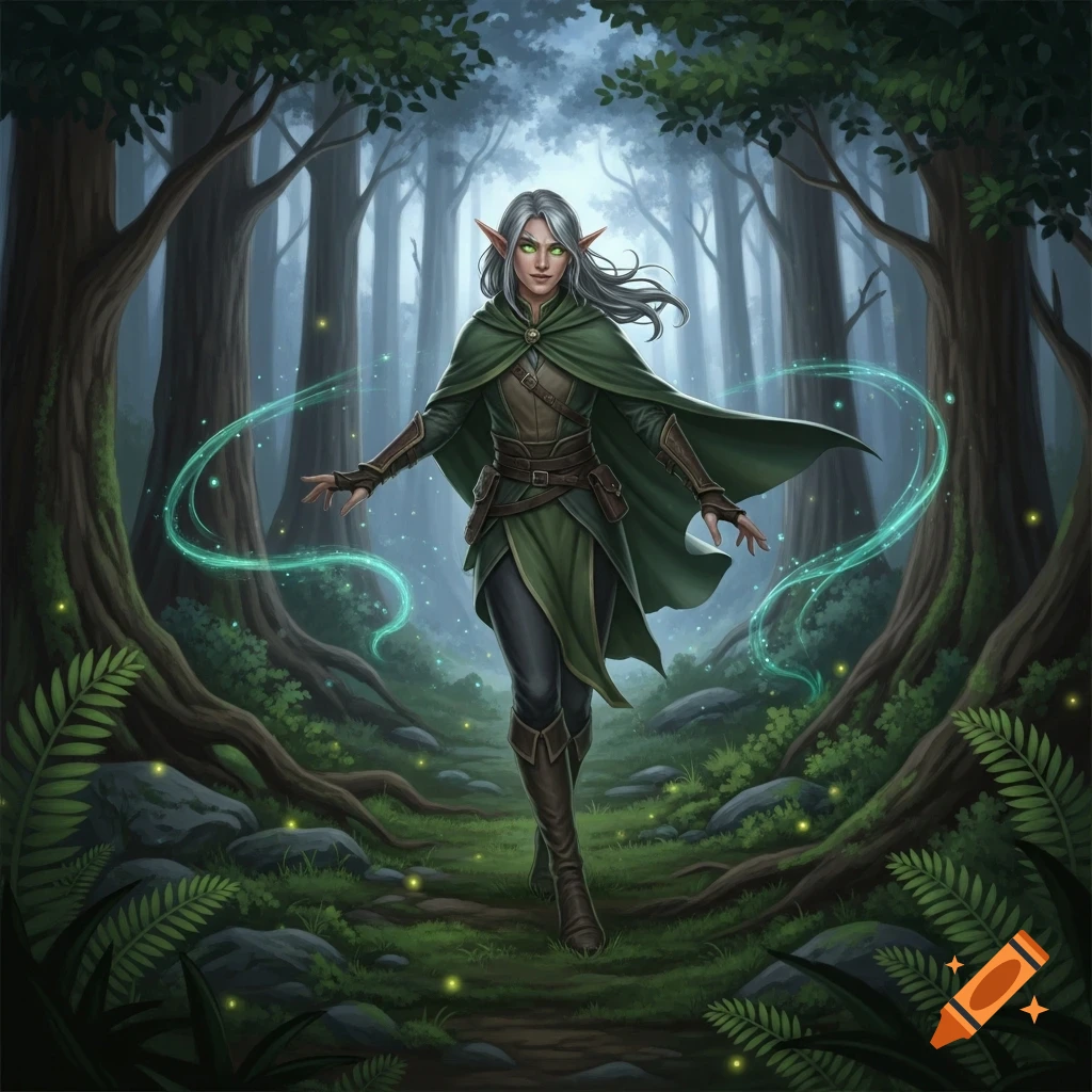 A silver-haired forest elf with glowing green eyes and a green cloak stands on a path in a magical forest, with green wisps of energy around her hands.