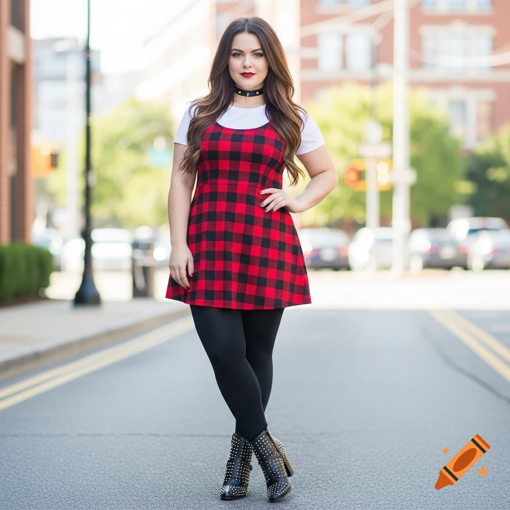 A woman with long brown hair, in a red plaid dress, black leggings, and studded boots, stands on a street.