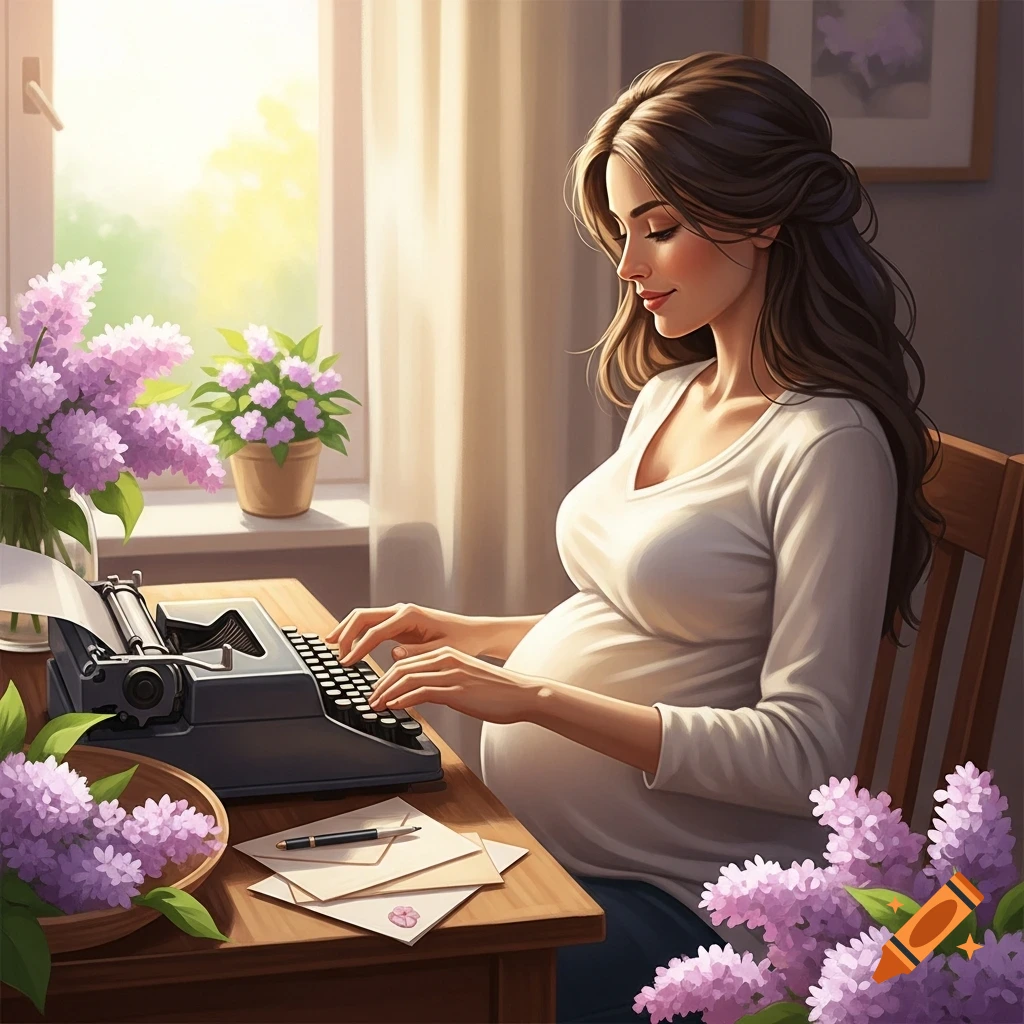 An illustration of a pregnant woman with long brown hair, wearing a white shirt, typing on a vintage typewriter at a sunlit desk adorned with purple lilacs.