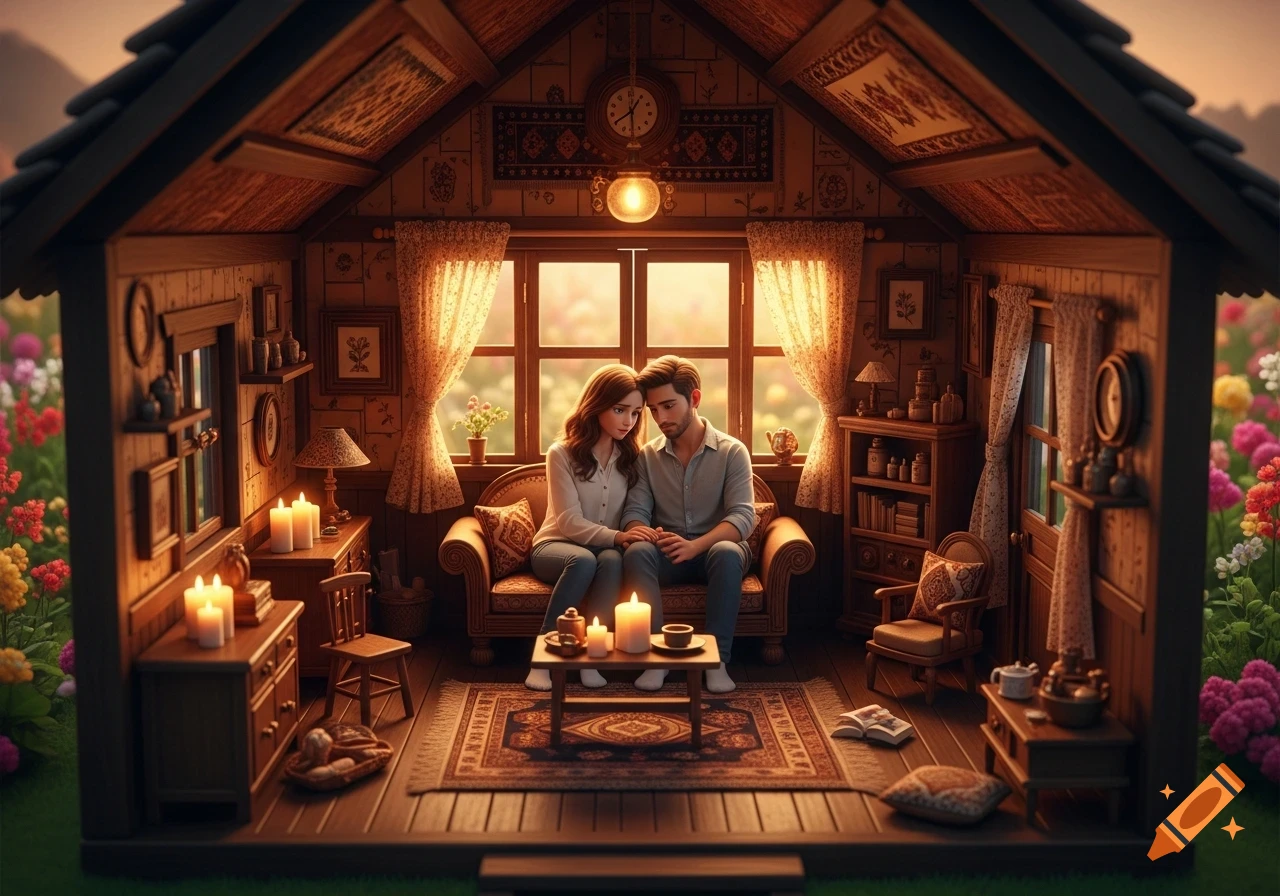 A 20-30 year old couple sitting hand-in-hand on a couch inside a cozy, dollhouse-like wooden cottage surrounded by flowers.