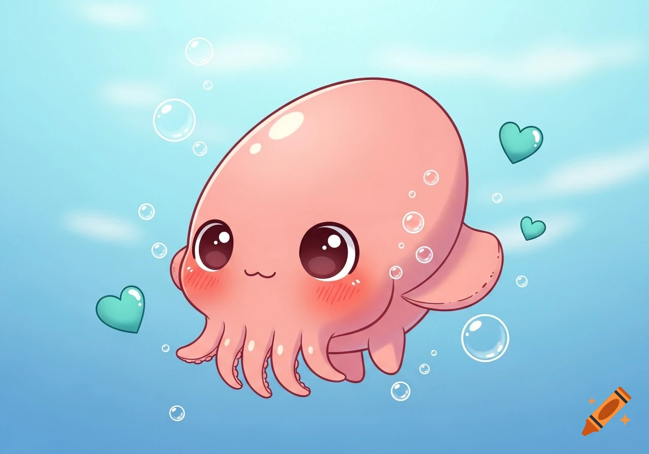 A cute, pink chibi cuttlefish with coral blush, floats in a light blue background with bubbles and teal hearts.