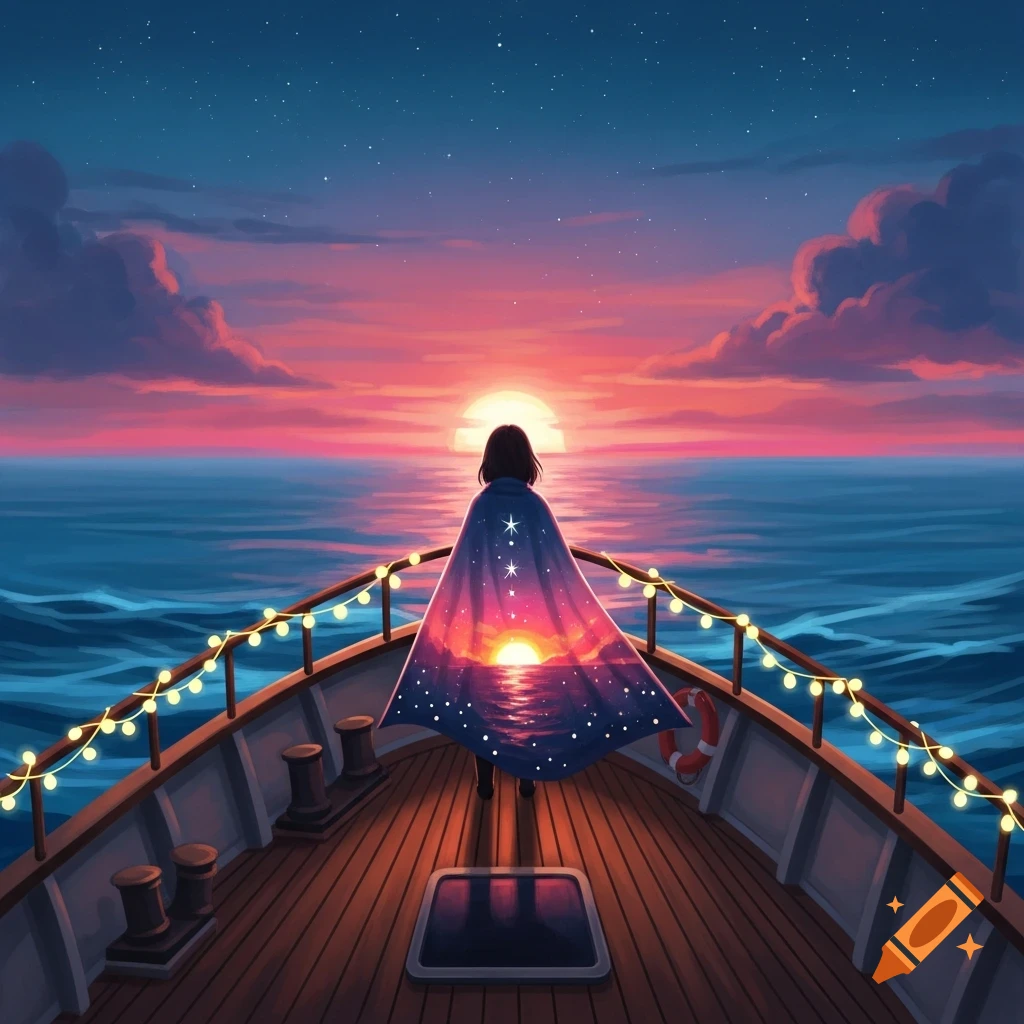 A person in a starry cape stands on a boat adorned with lights, looking at a fantasy sunset over the ocean.