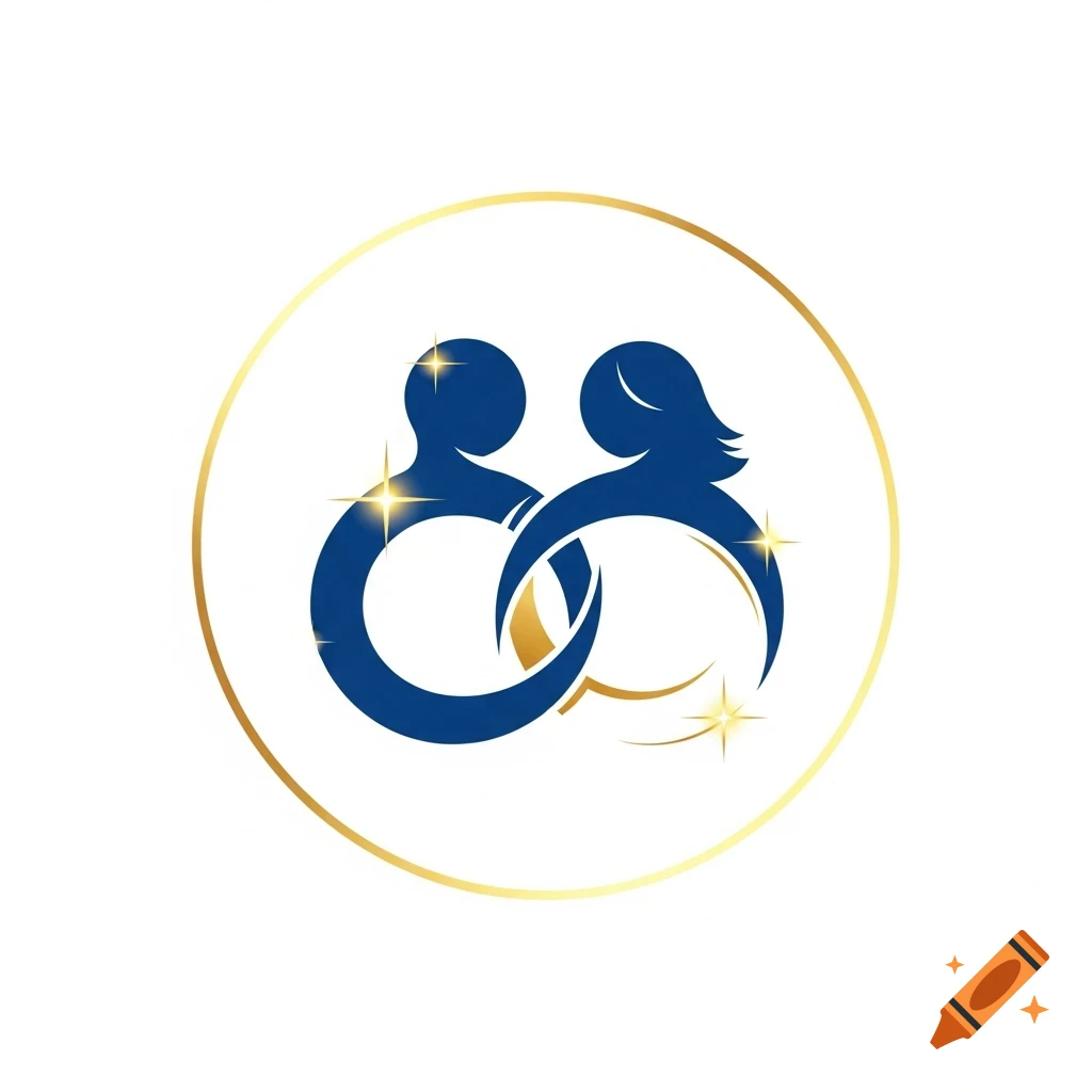 A blue and gold abstract logo of male and female silhouettes interlocking within a gold circle, with sparkles.