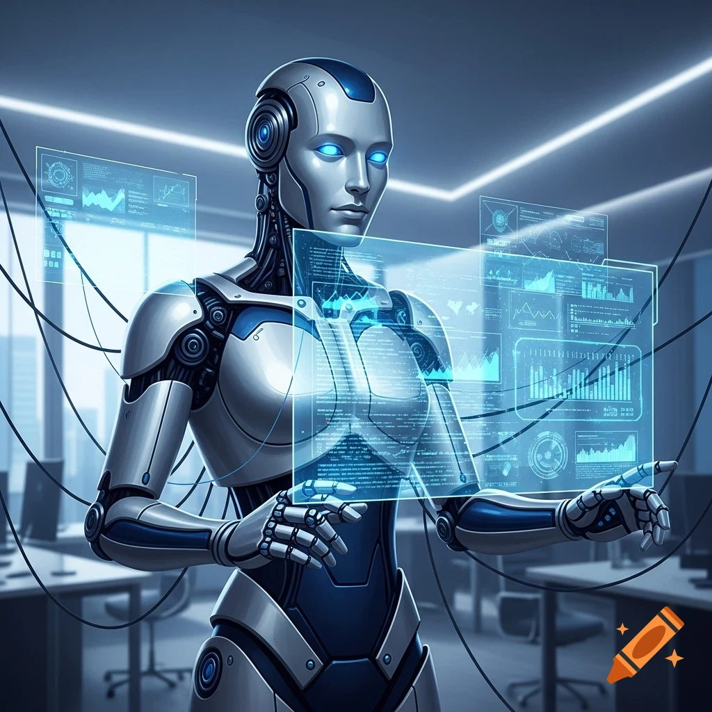 A sleek, metallic humanoid robot with glowing blue eyes interacts with multiple holographic data screens in a modern office environment, cables trailing behind it.