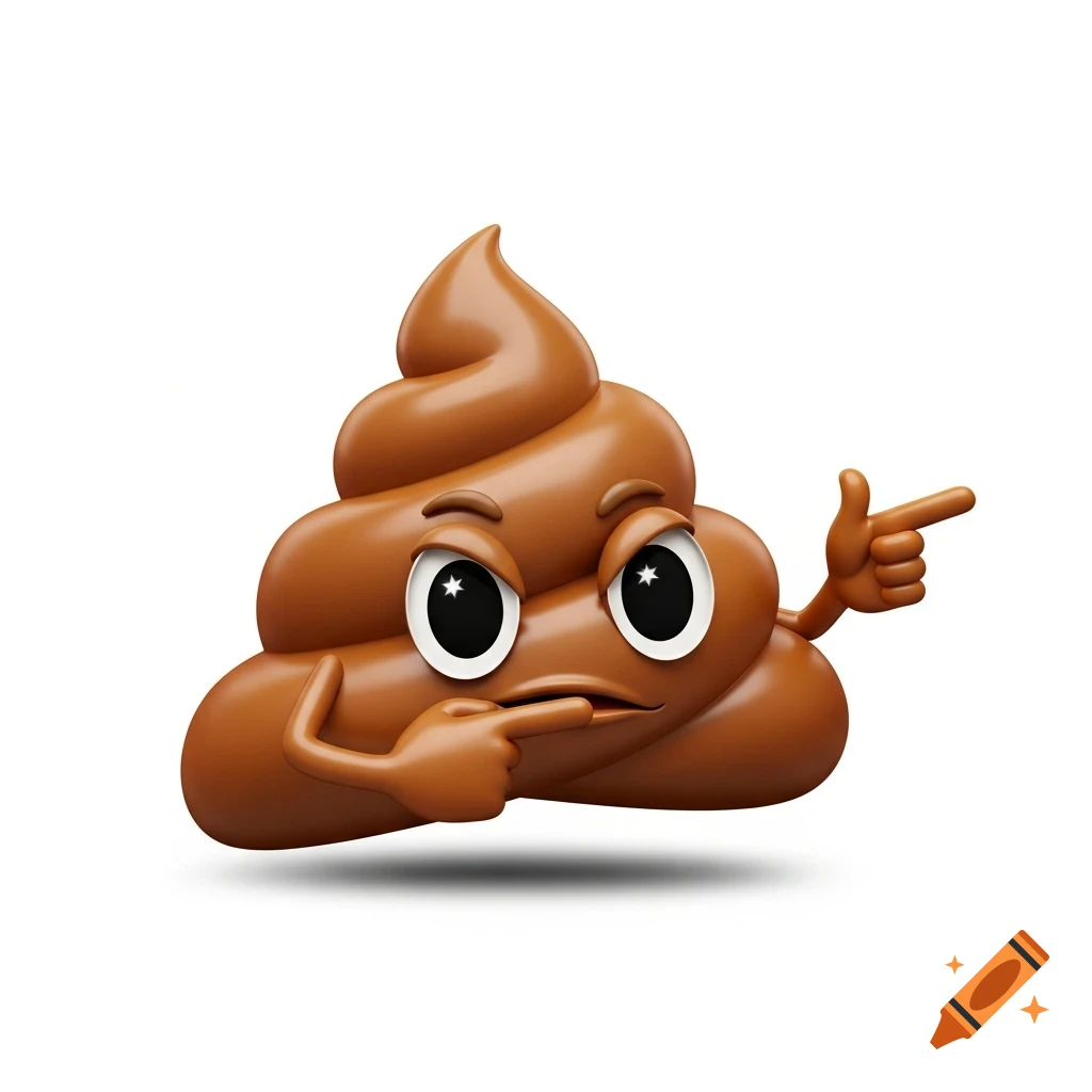 A 3D brown poo emoji character, thinking with one hand on its chin and pointing with the other, on a white background.