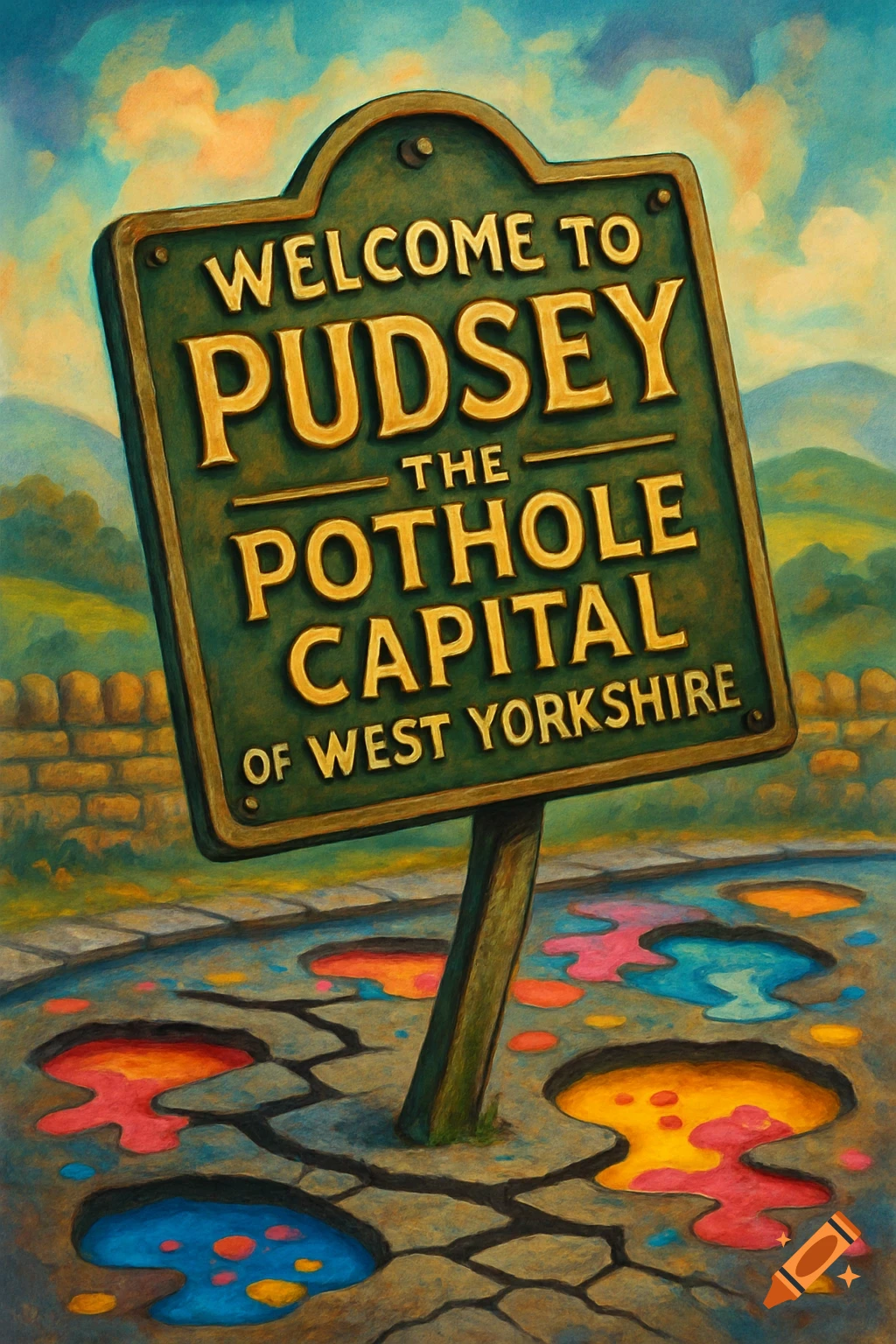 Painterly image of a green street sign for 'Pudsey the Pothole Capital of West Yorkshire' over a road with colorful puddles.