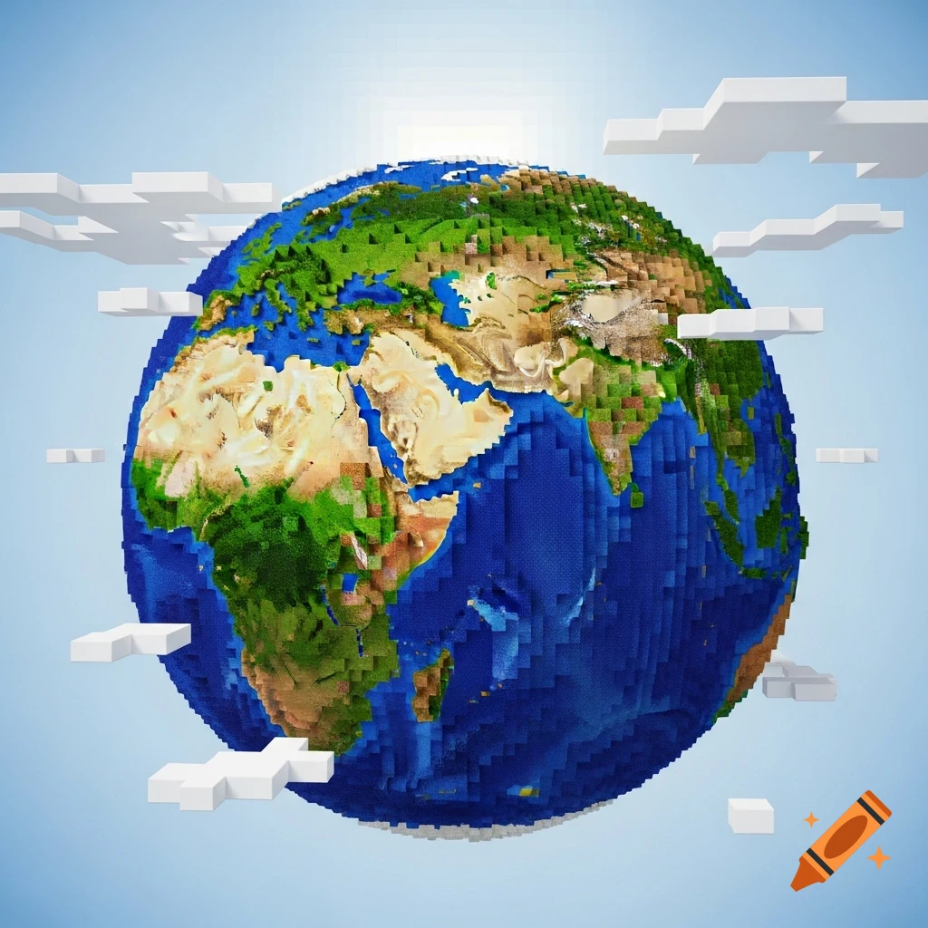 A Minecraft-style Earth globe with blue oceans and green, blocky continents, surrounded by white cubic clouds against a light blue sky.