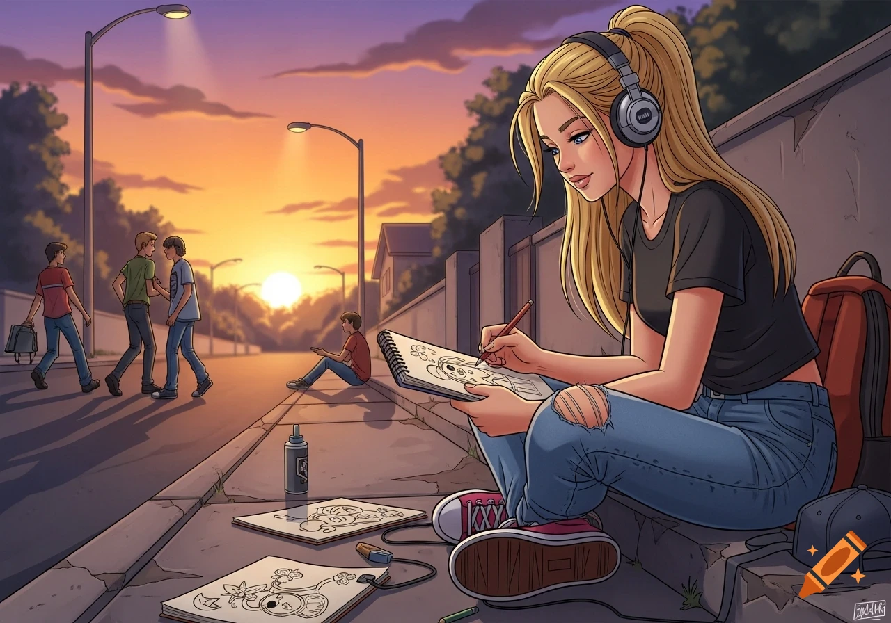 Cartoon illustration of a blonde girl with headphones drawing on a sketchbook at sunset, with other teenagers in the background.