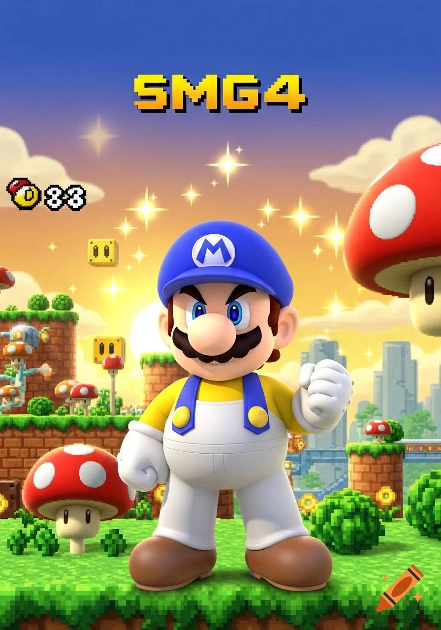 A confident, blue-hatted Mario-like character stands in a vibrant, pixelated Super Mario world with glowing stars, text 'SMG4' overhead.