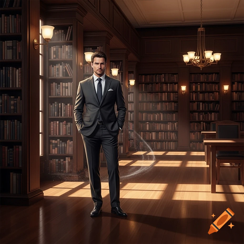 A photorealistic image of a man in a dark suit standing in a grand library with bookshelves and sunlit wooden floors.