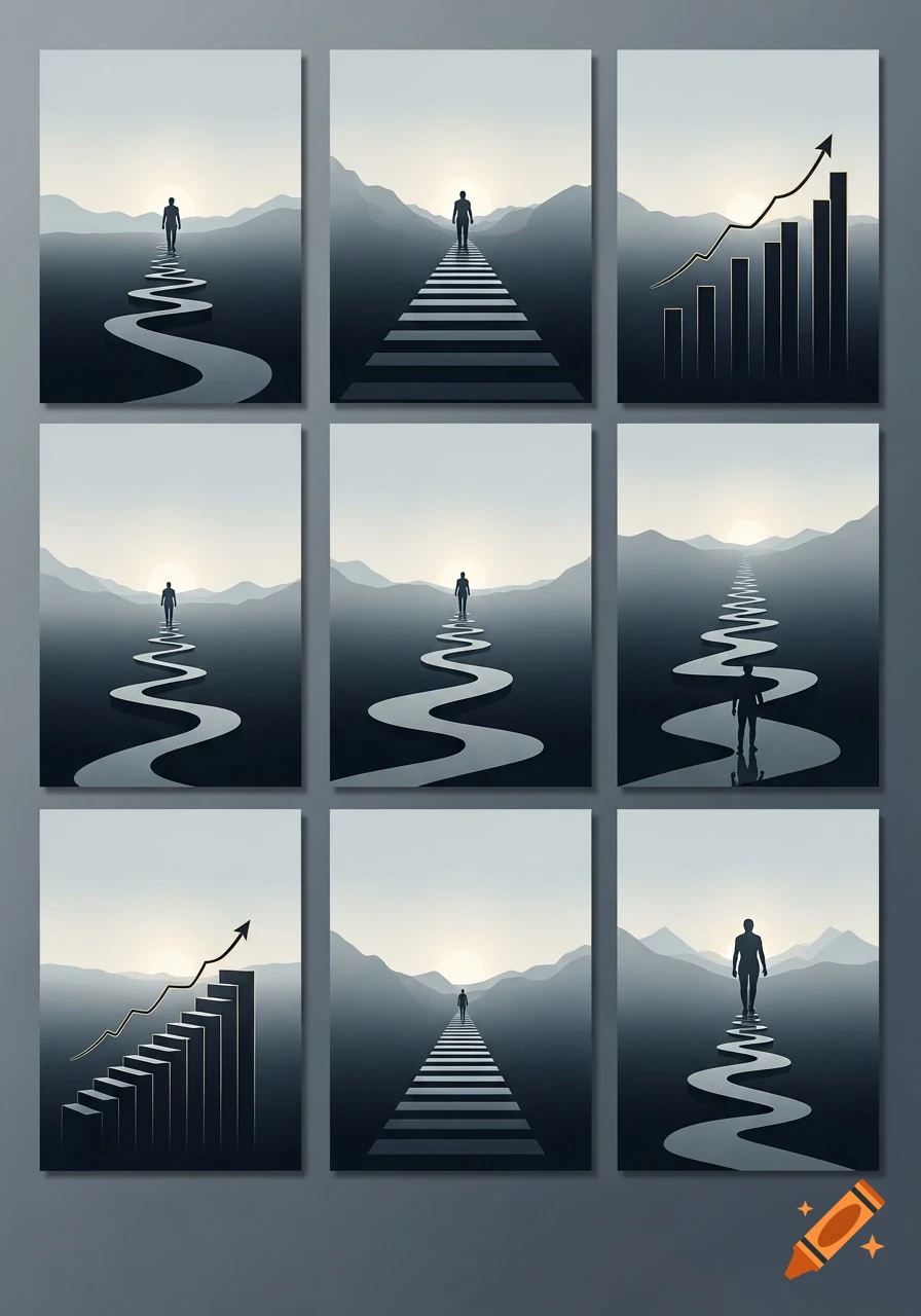 Nine minimalist, grayscale panels depicting silhouettes on upward paths and rising bar graphs against mountainous horizons.