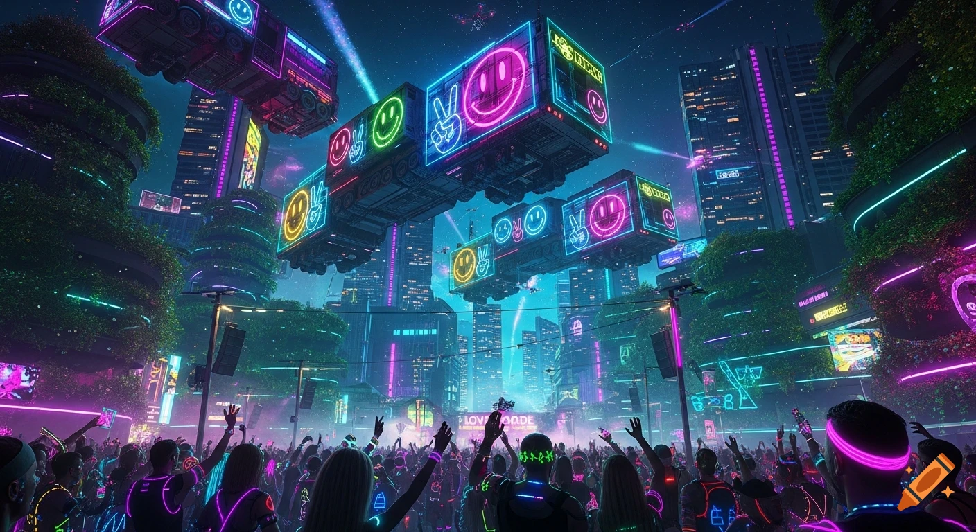 A futuristic Loveparade in a neon-lit cyberpunk city at night, with levitating sound trucks featuring glowing peace signs and smiley faces, and a dancing crowd below.