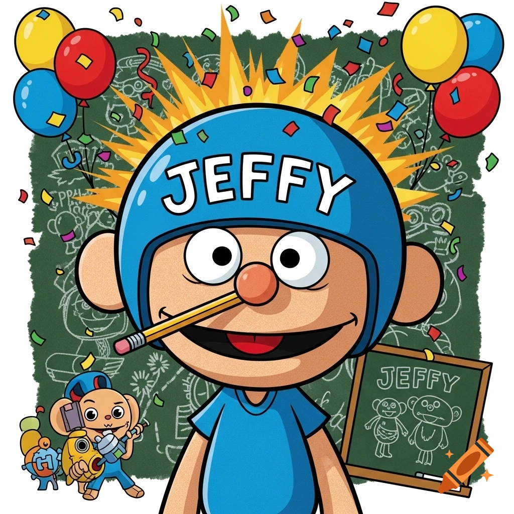 Cartoon illustration of Jeffy, a puppet character, wearing a blue helmet with his name, holding a pencil under his nose, with balloons and confetti.