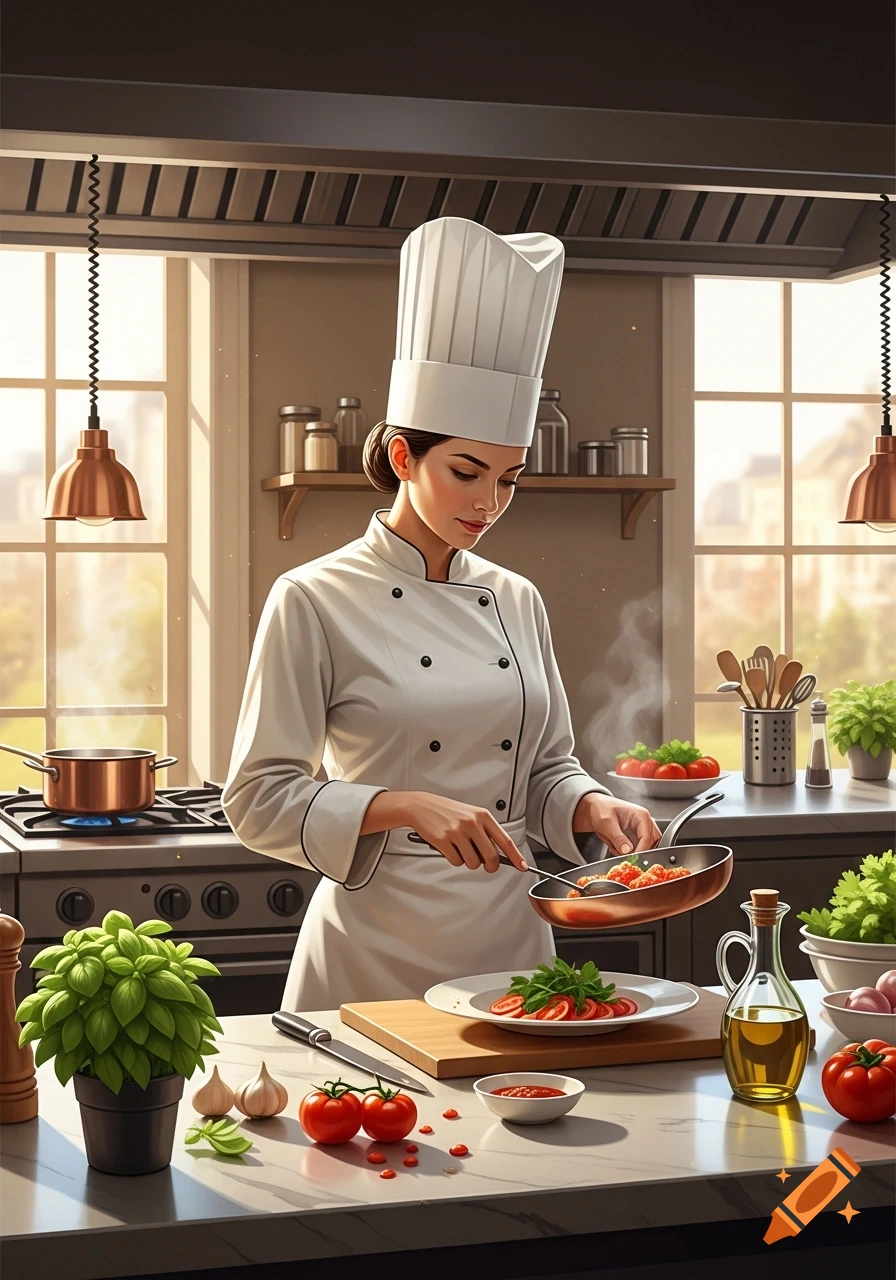 A female chef in a bright kitchen prepares food in a pan, with fresh ingredients on the counter.