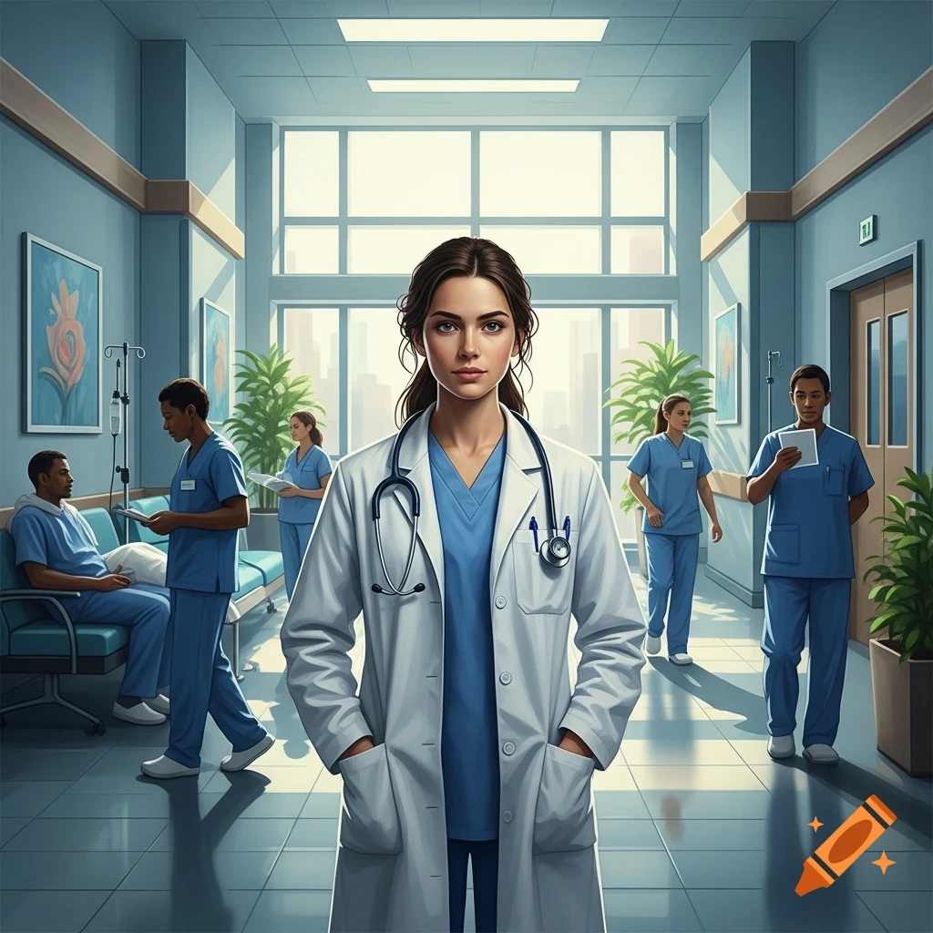 A confident female doctor in a white lab coat stands in a bright hospital hallway with other medical staff and a patient.