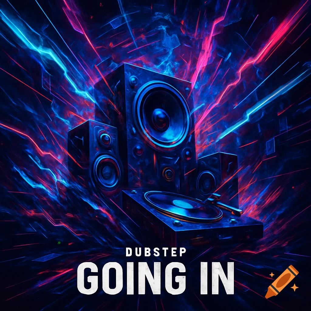 A vibrant, neon-lit dubstep album cover features glowing blue and pink light trails, with speakers and a turntable. The text reads 'DUBSTEP GOING IN'.
