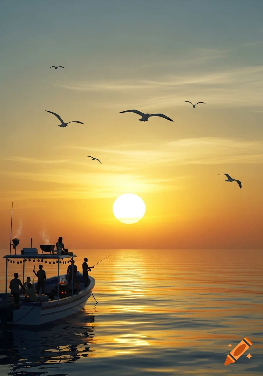 A small boat with people fishing and cooking silhouetted against a vibrant sunset over a calm sea, with seagulls.