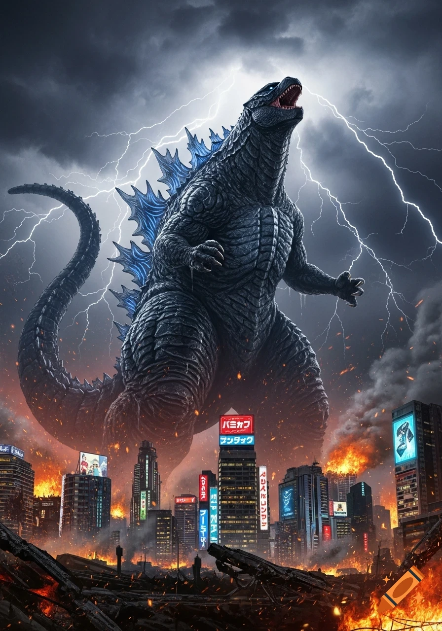 Godzilla roars against a stormy, lightning-filled sky, standing amidst a burning, destroyed city with neon signs.