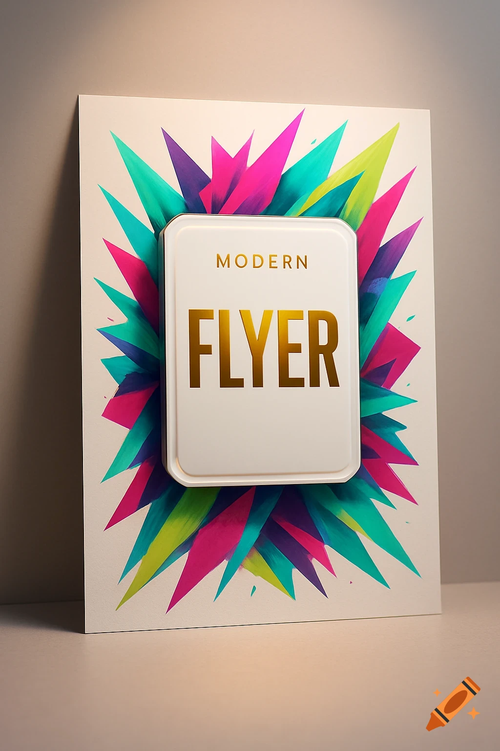 A white flyer with the words "MODERN FLYER" in gold, surrounded by vibrant, colorful abstract leaf-like shapes in magenta, teal, and lime green.