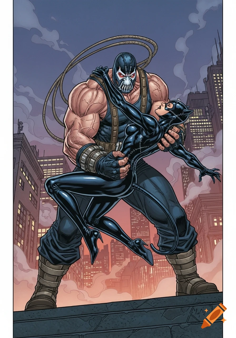 Comic book illustration of Bane holding Catwoman on a rooftop with a city skyline at dusk.