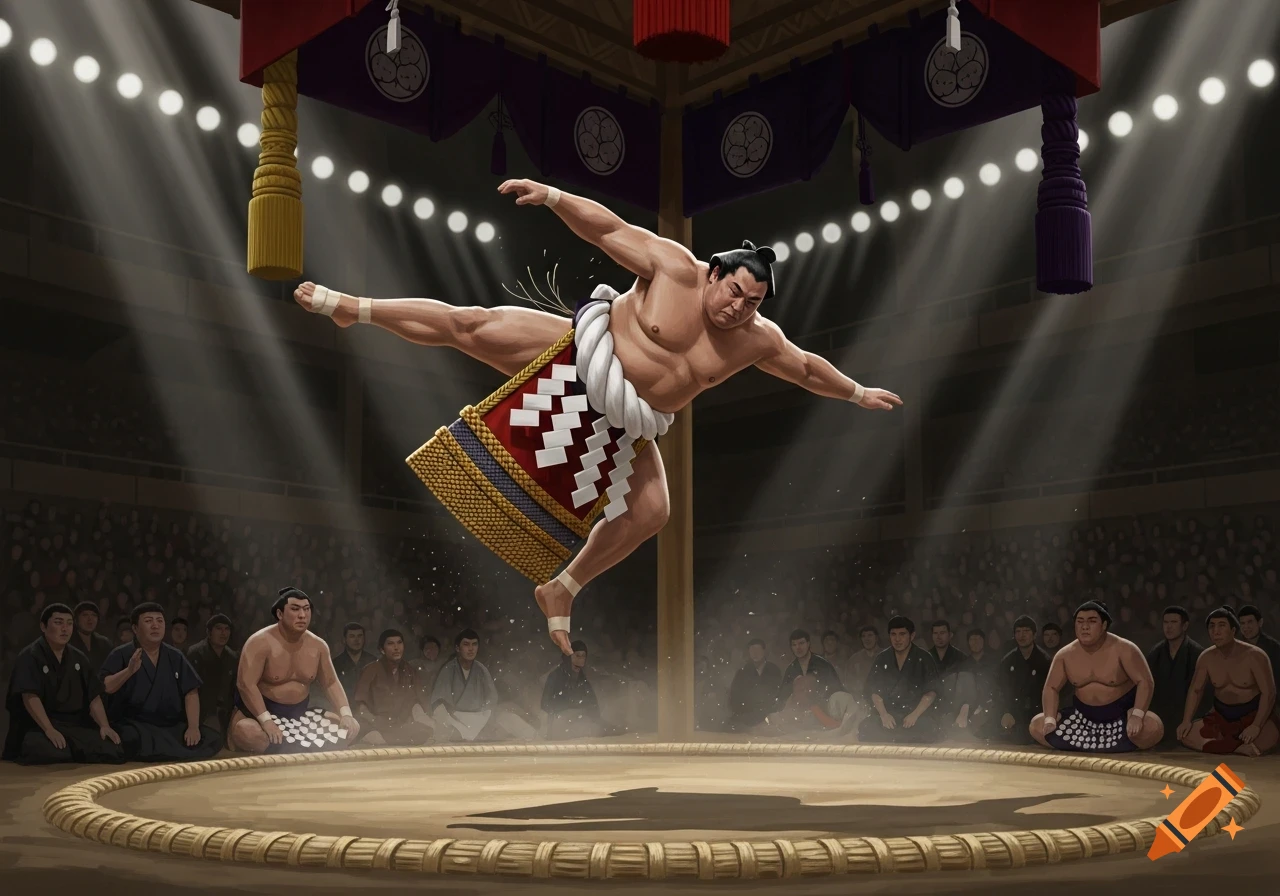 A powerful sumo wrestler in a mawashi dramatically leaps through the air over a wrestling ring, illuminated by spotlights, with spectators below. Illustrated in a dynamic style.