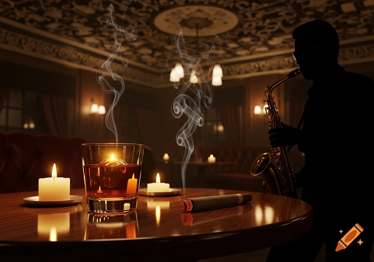 Silhouette of a saxophonist playing in a dimly lit lounge with a cigar, drink, and lit candles on a wooden table. Smoke rises.