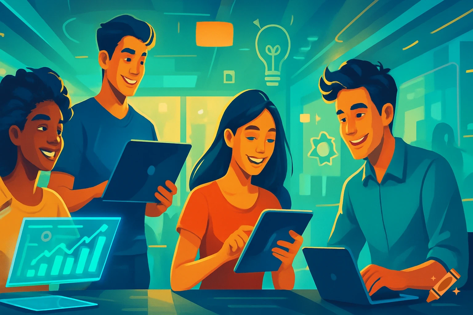 Stylized illustration of diverse young professionals collaborating with laptops and tablets in a vibrant tech-themed office with a lightbulb icon.