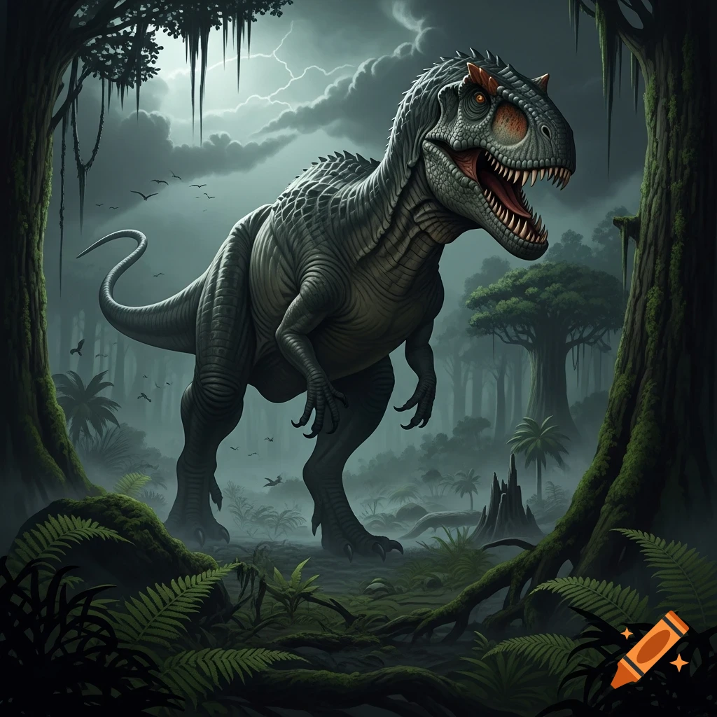 A detailed, menacing dinosaur with sharp teeth and red eyes stands in a dark, misty jungle under a stormy sky with lightning.