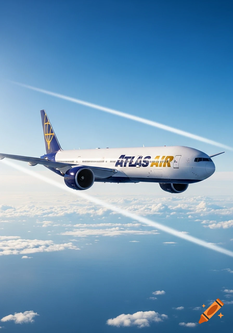 A photorealistic image of an Atlas Air Boeing 777 airplane flying high above clouds under a clear blue sky.