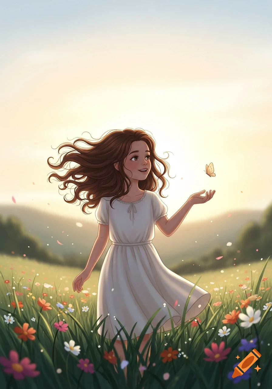 Cartoon girl in a white dress in a field of flowers at sunset, looking up at a butterfly.