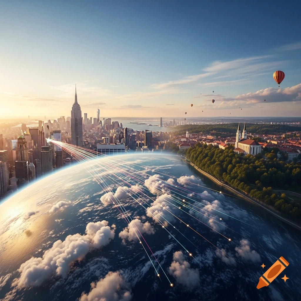 High-angle view of a futuristic cityscape and the curved Earth with light trails, hot air balloons, and another city in the distance at sunset.