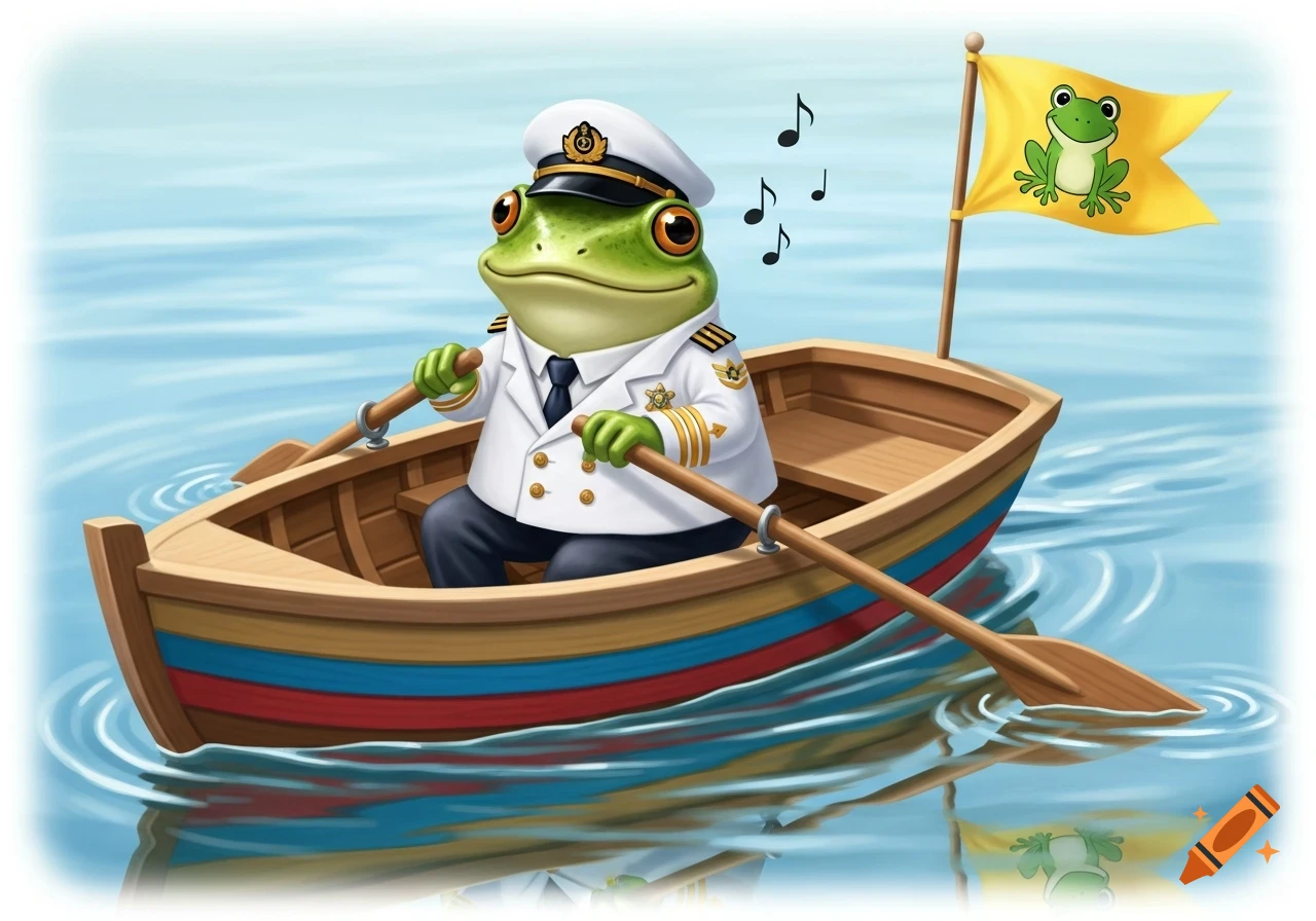 A cartoon frog captain in a naval uniform rows a colorful wooden boat on calm water, with a flag depicting a frog.