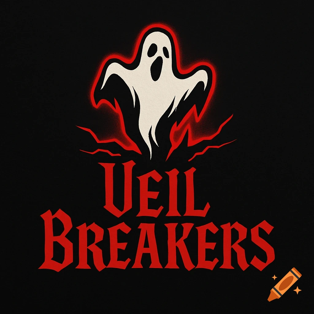A stylized logo featuring a white ghost with a red glow and red cracks above the text 'VEIL BREAKERS' in a gothic font on a black background.